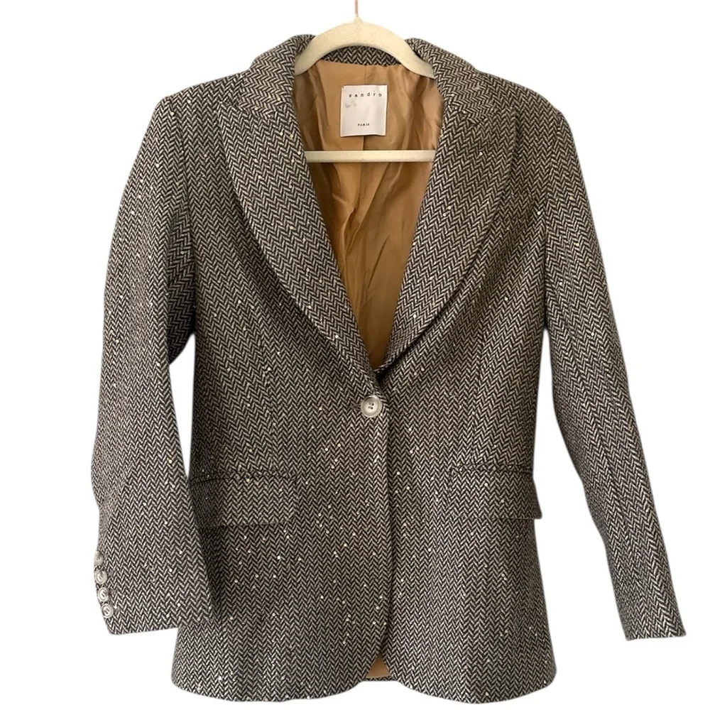 Sandro  “Paule” Sequin Herringbone Blazer Brown Tweed Statement Jacket 2 / M / 6 - Picture 5 of 12